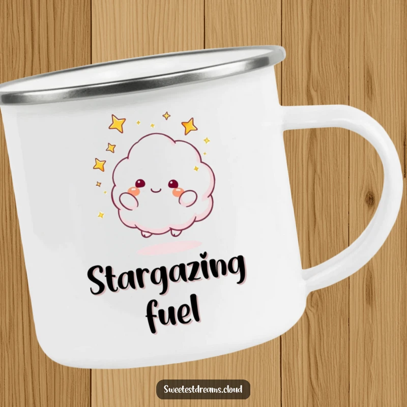 Funny Camping Mug featuring a cloud character playfully tossing sparkly stars, perfect for enjoying drinks under the night sky.