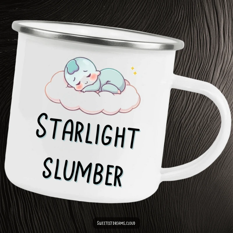 Funny Camping Mug: A character smiles peacefully while sleeping on a cloud, perfect for outdoor drinks with humorous serenity.