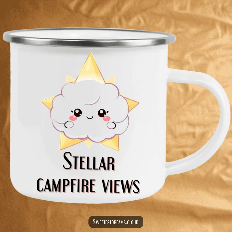 Funny camping mug with a cloud character peeking from behind a shimmering star, perfect for enjoying beverages outdoors.