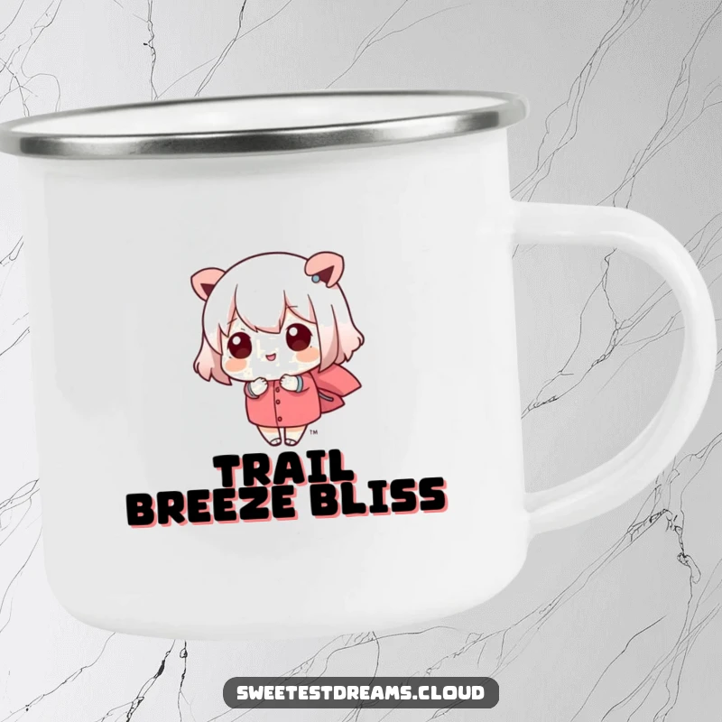 Funny kawaii character enjoying a drink from a camping mug, being carried by a soft breeze. This mug is a humorous outdoor gift.