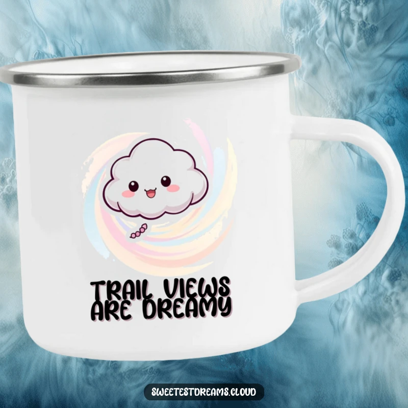 Funny camping mug featuring a happy cloud character in a pastel color swirl, designed for outdoor adventures and cheerful sipping.