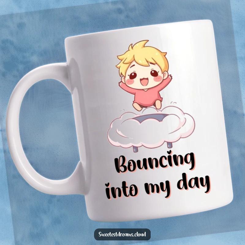 Funny Mug: Character gleefully bouncing on a cloud like a trampoline, expressing pure joy and fun.