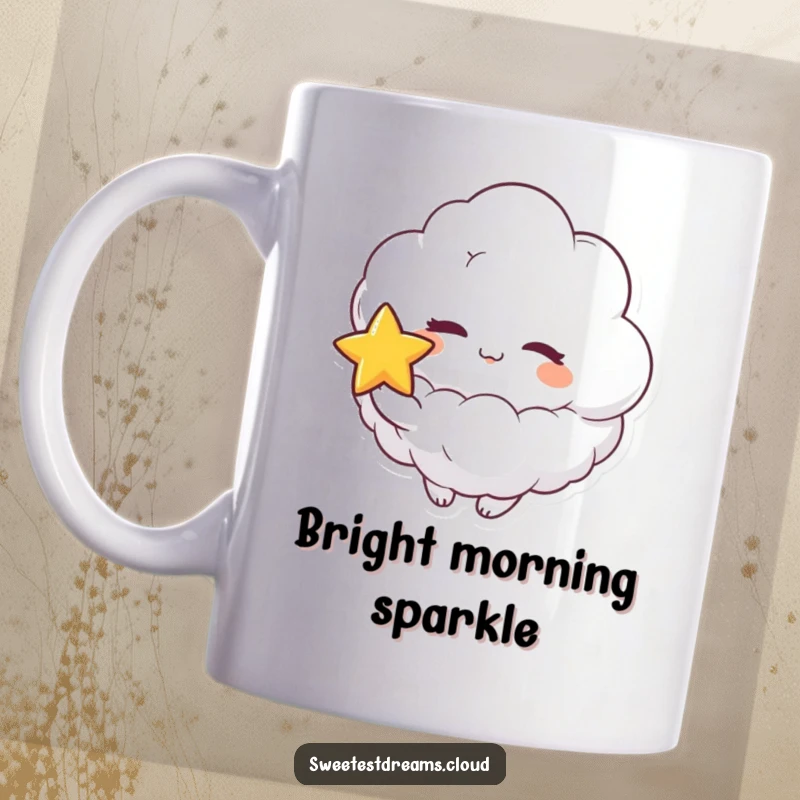 Funny mug featuring a fluffy cloud character playfully winking and holding a bright star, conveying cosmic joy and whimsy.
