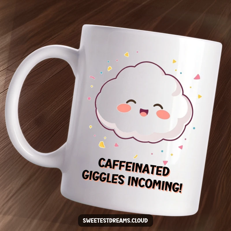 Funny mug showcasing a giggling cloud character joyfully tossing colorful confetti, embodying pure celebration.