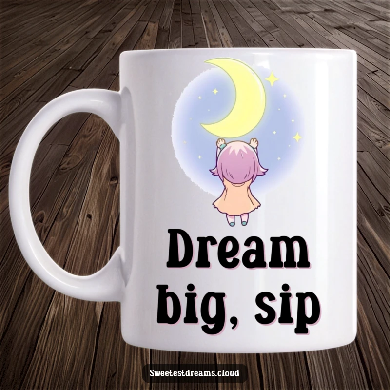 Funny Mug shows a character stretching towards a large, twinkling crescent moon, symbolizing aspiration and playful dreams.