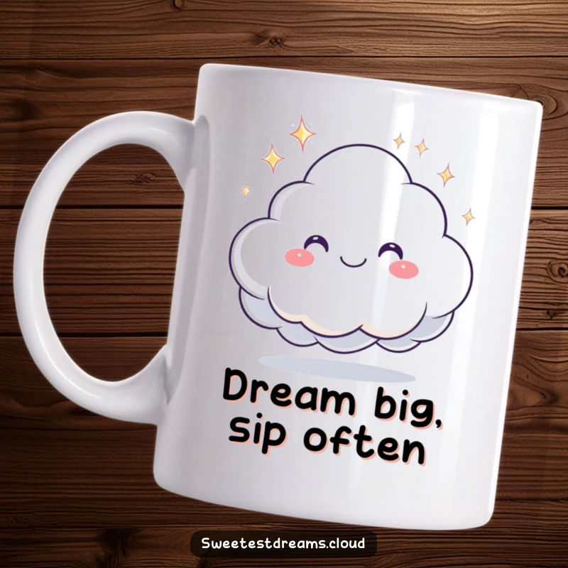 Funny mug with a smiling cloud character gently offering a sparkling, magical dream, symbolizing peace and sweet slumber.