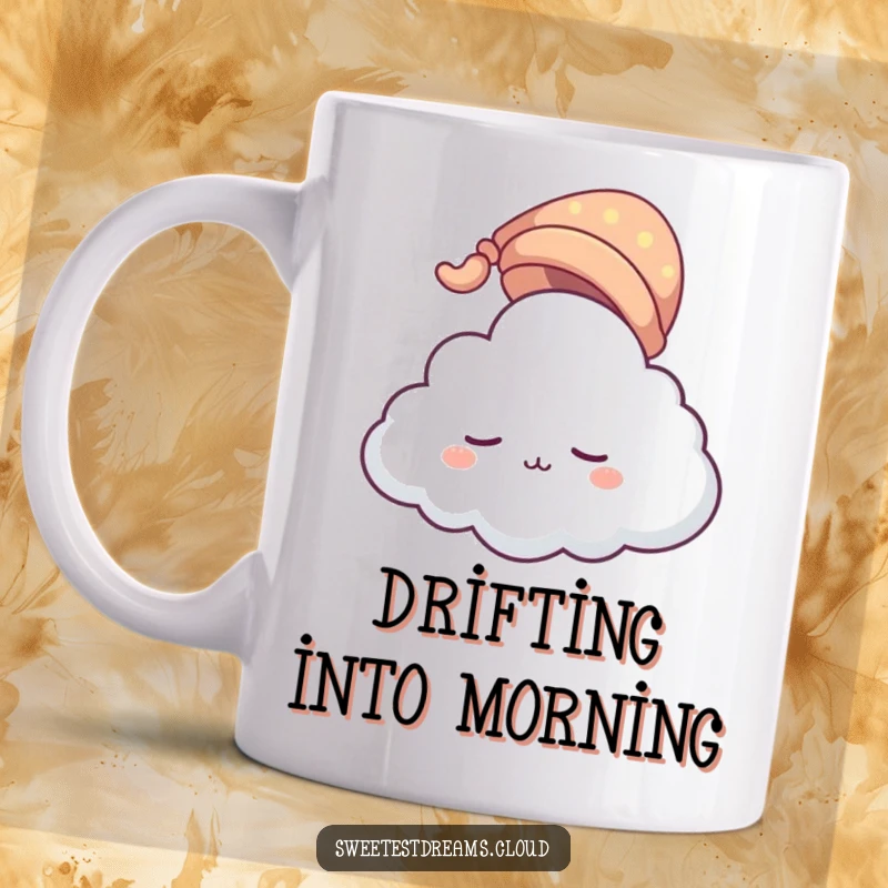 Funny cloud character mug wearing a tiny sleeping cap, floating gently. A humorous design celebrating peaceful slumber and comfort.