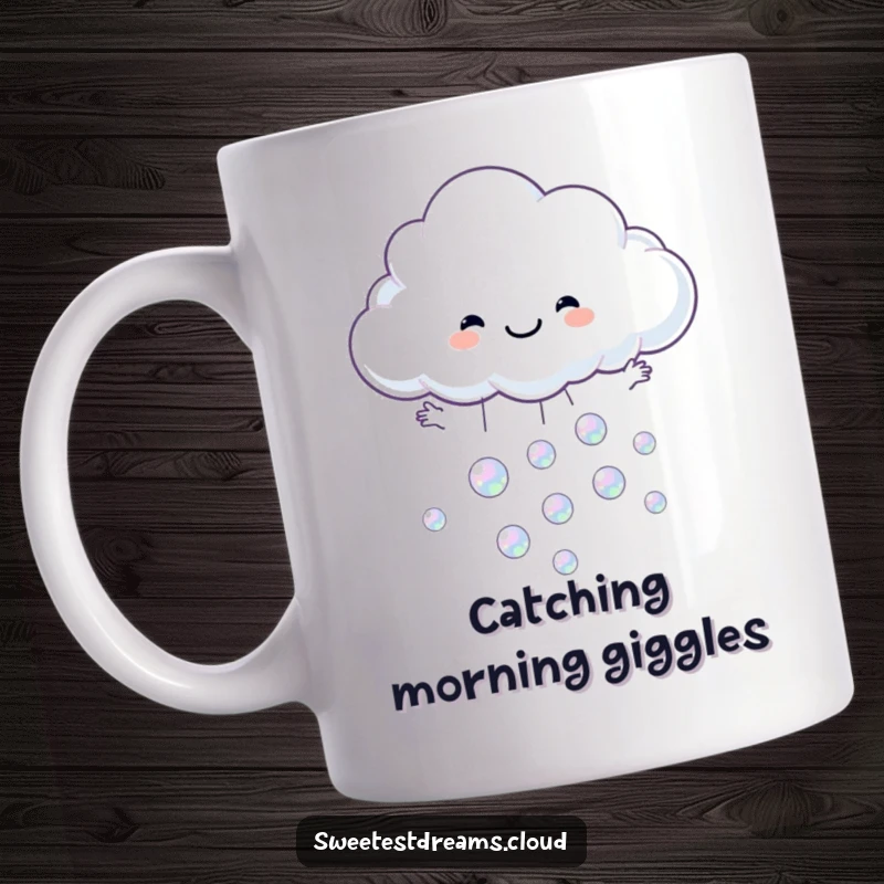 Funny mug showing a happy cloud character with open arms catching shimmering iridescent bubbles.