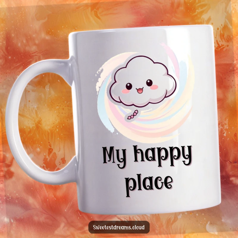 Funny mug featuring a cheerful cloud character playfully floating in a vibrant swirl of pastel colors, radiating joy.
