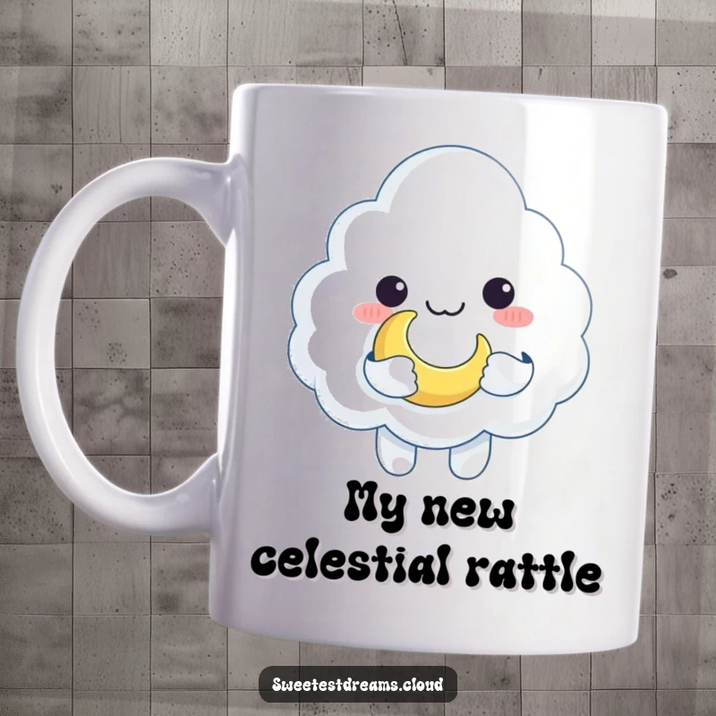 Funny cloud character holding a glowing crescent moon like a toy, looking playful and cute on a ceramic mug.