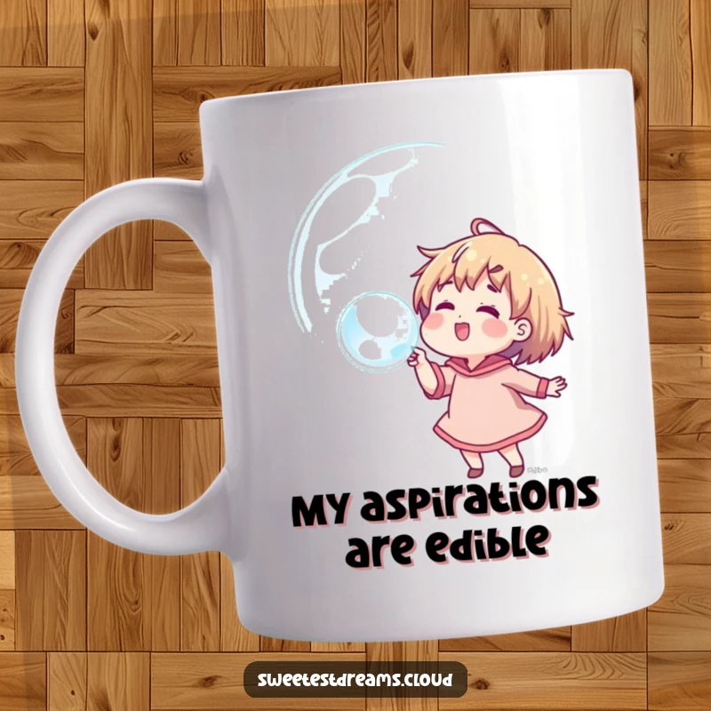 Funny mug featuring a character joyfully blowing a giant, dream-filled bubble, reflecting colorful aspirations and happiness.