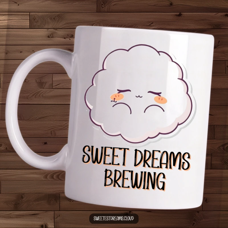 Funny fluffy cloud character mug with closed eyes, peacefully dreaming. A whimsical and humorous design for serene contemplation.