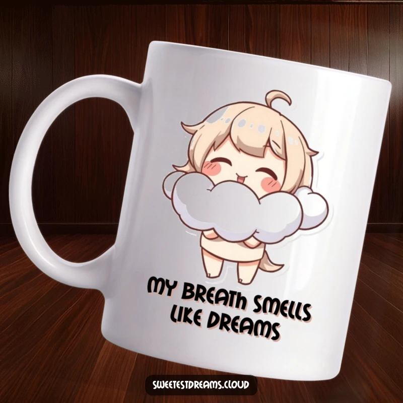 Funny Mug featuring a cute character giggling with delight while blowing fluffy, whimsical cloud shapes into the air.