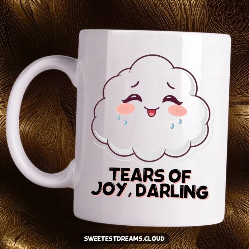 Funny giggling cloud mug with a happy cloud character shedding glittering tears of joy and laughter.