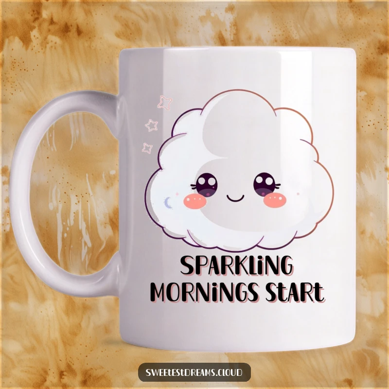 Funny mug showing a small, fluffy cloud character with large, happy eyes, joyfully blowing a cascade of shimmering glitter, embodying enchantment.