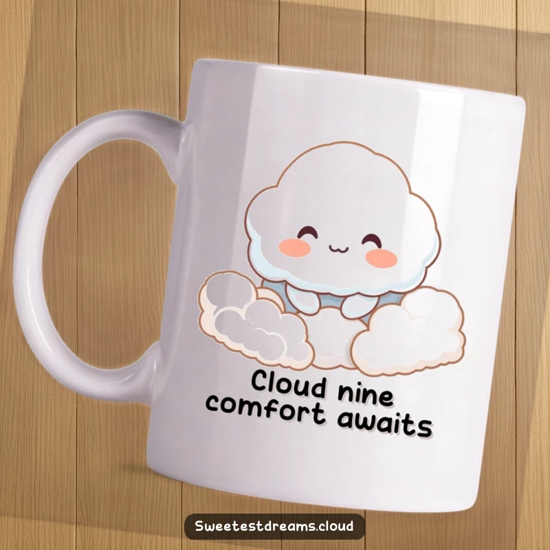 Funny mug featuring a content cloud character with a soft smile, nestled peacefully amongst fluffy clouds, radiating calm.