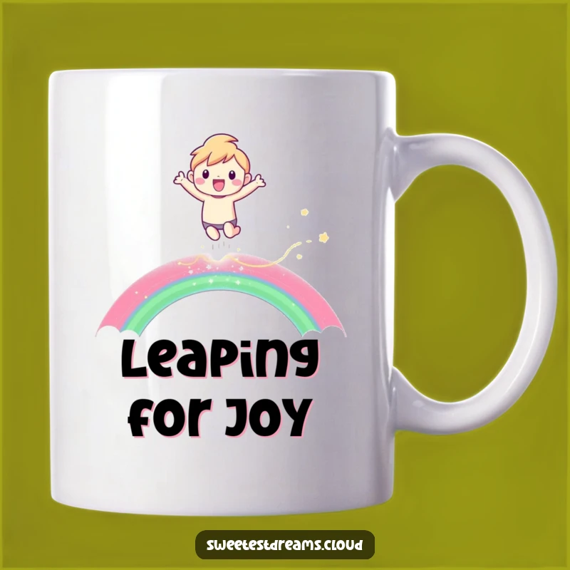 Funny Joyful Rainbow Leaper Mug: Happy Character Art, Perfect Funny Gift