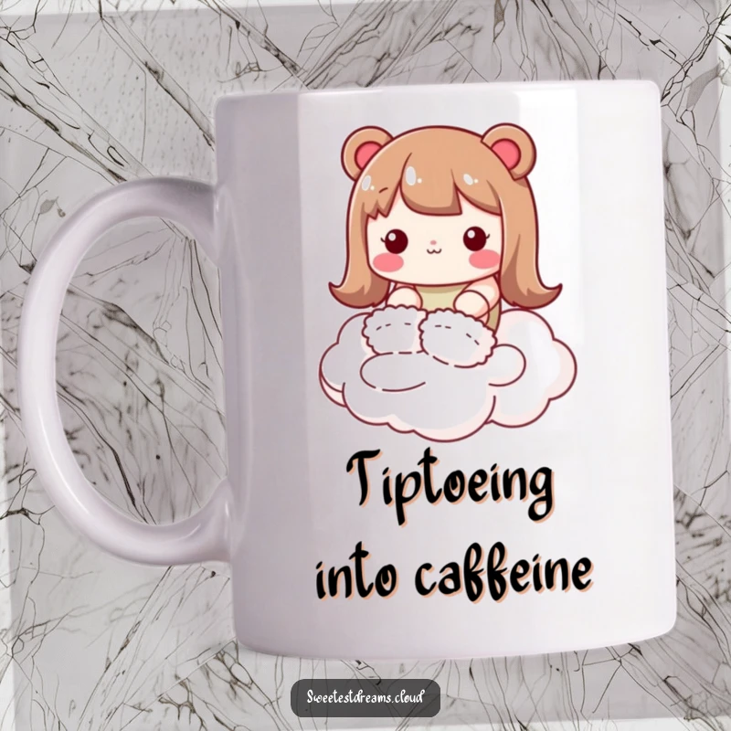 Funny kawaii character mug, wearing fluffy slippers, tiptoeing gently on a soft cloud, cute and humorous.