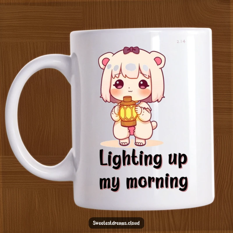 Funny kawaii character mug featuring a cute character holding a small, glowing lantern, illuminating their path with a gentle light.