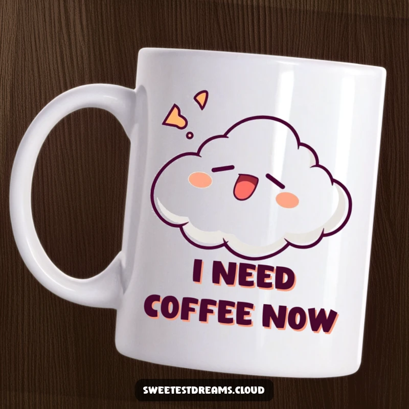 Funny cloud character yawning widely with a content, sleepy grin, depicted humorously on a ceramic mug.
