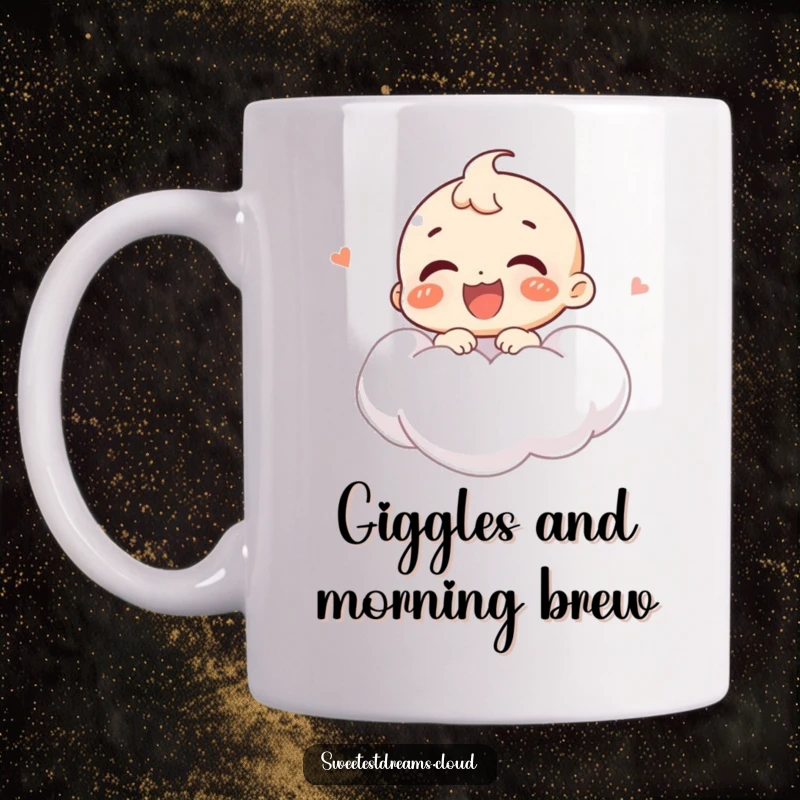 Funny mug featuring a joyful character giggling uncontrollably while floating on a soft, white cloud, radiating pure happiness.