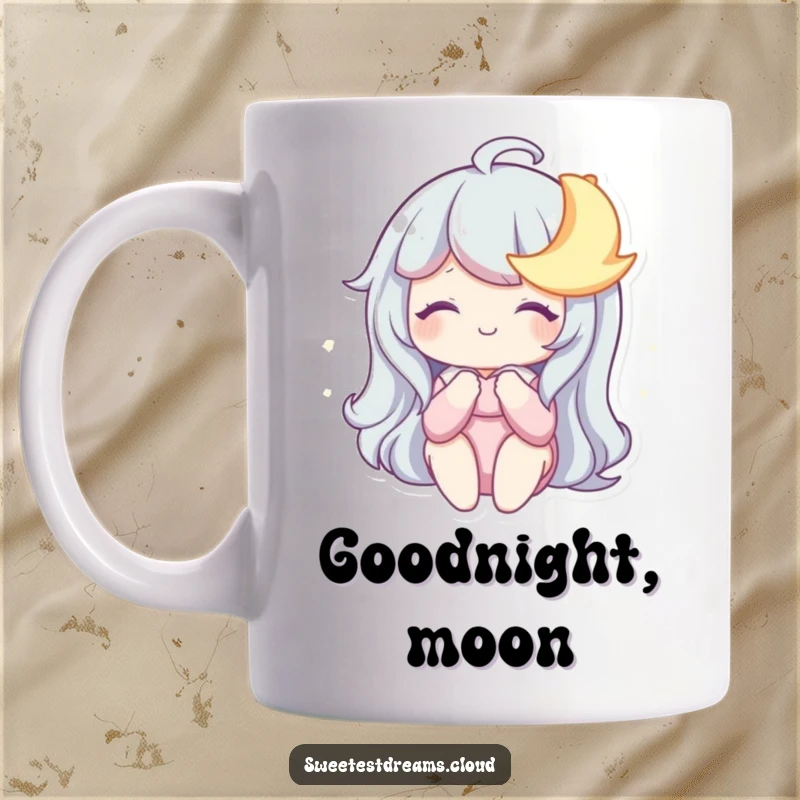 Funny Mug features a character sharing a gentle, dreamy smile with a cute, sleepy moon, evoking peaceful nighttime magic.