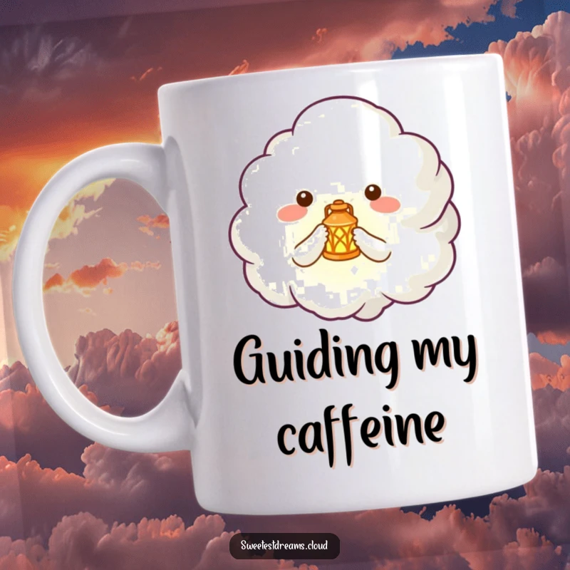 Funny mug featuring a cute cloud creature holding a tiny, glowing lantern, looking up with a sense of wonder.