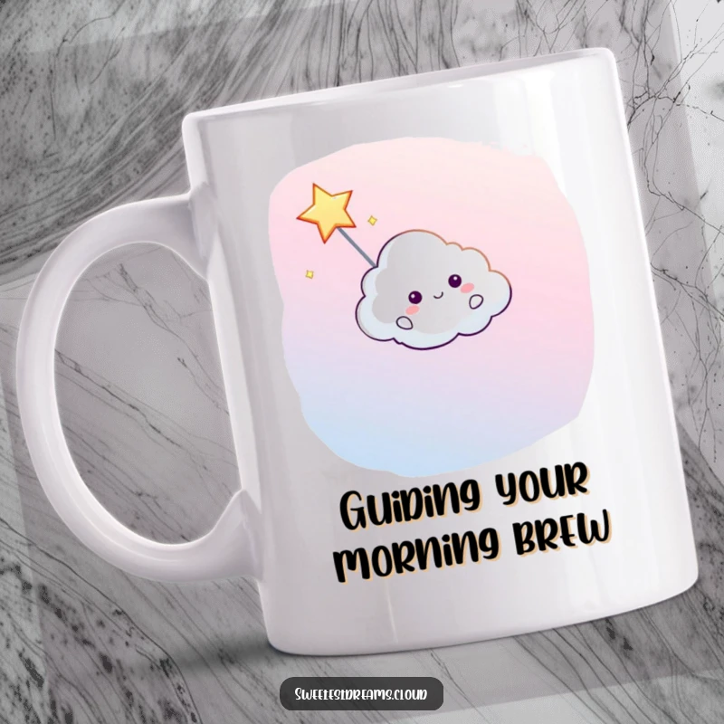 Funny mug featuring a smiling cloud character gently guiding a twinkling shooting star across a dreamy night sky.