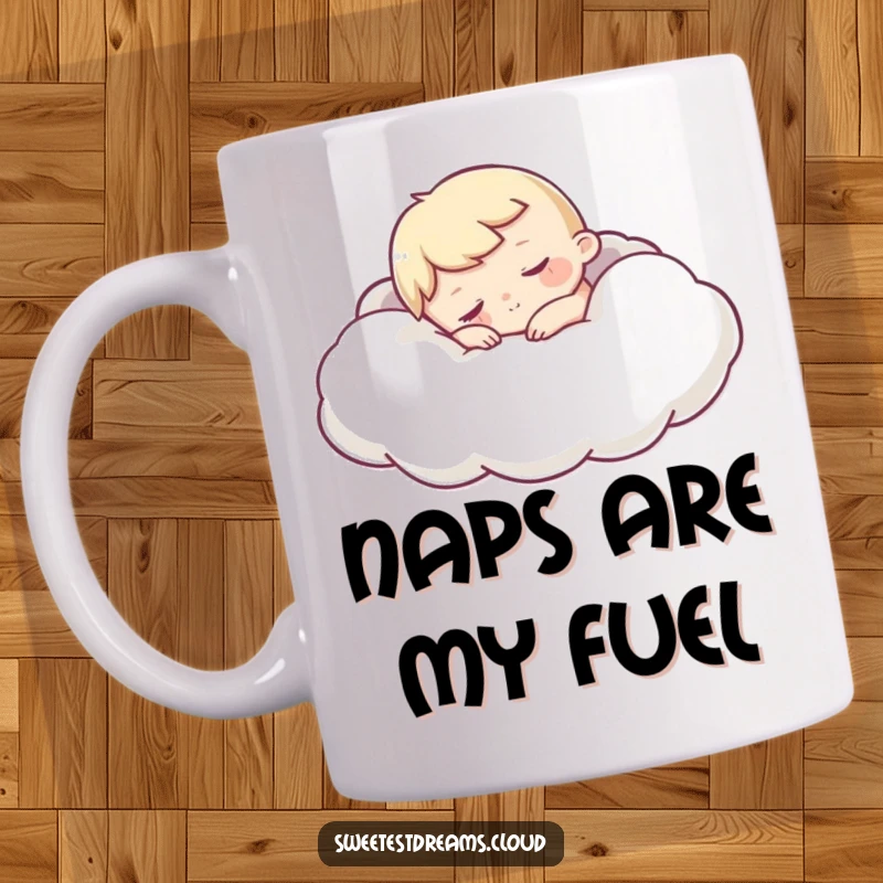 Funny Sleepy Character Mug showing a cute character snuggling deeply into a plush, soft cloud, evoking feelings of comfort and gentle humor.