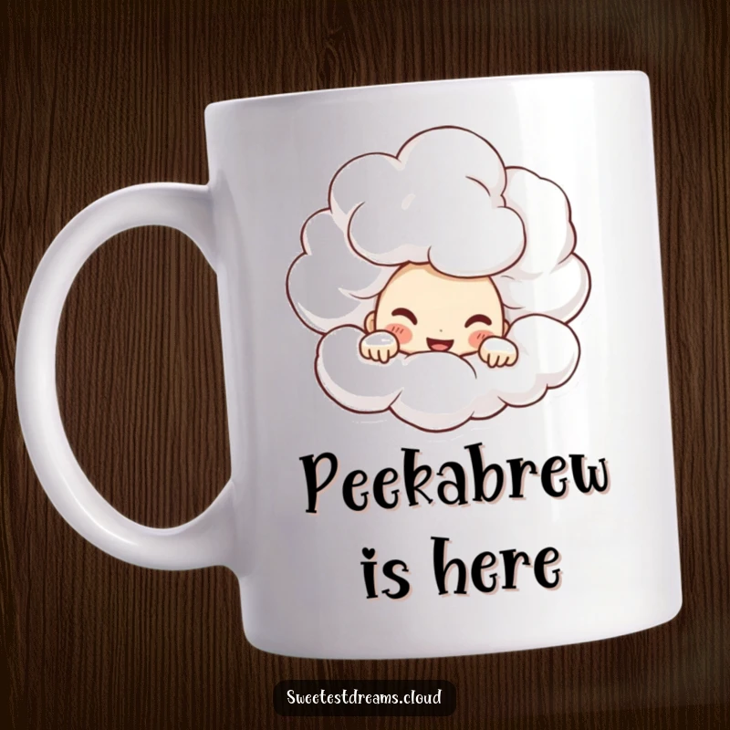 Funny Mug showing a character with a mischievous grin peeking slyly from behind a fluffy cumulus cloud.