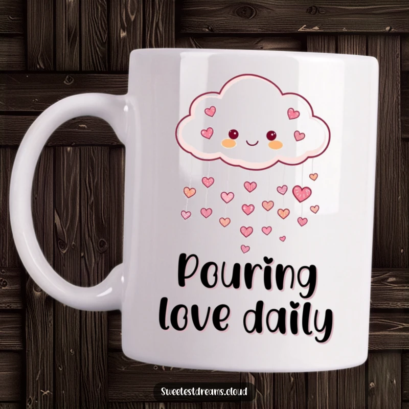 Funny Heart Raining Cloud Mug with a cheerful cloud showering tiny shimmering hearts, symbolizing love and cheerful, humorous joy for a delightful user experience.