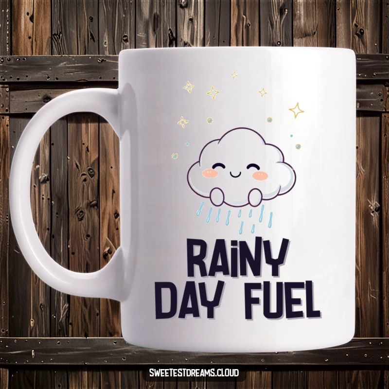 Funny mug featuring a smiling cloud character joyfully scattering gentle, sparkling raindrops, bringing cheer to any moment.