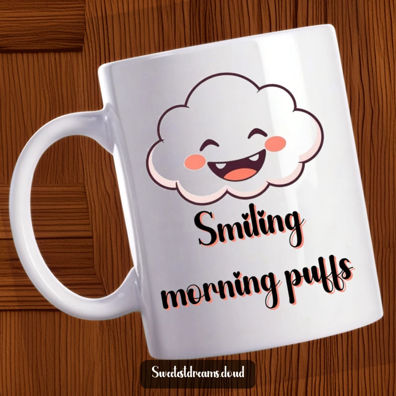 Funny Mug featuring a grinning cloud character blowing gentle, whimsical shapes, radiating happiness and playful creativity.