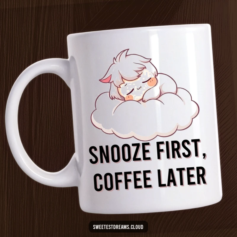 Funny Mug: Character peacefully snoozing on a fluffy cloud, conveying deep relaxation and calm.