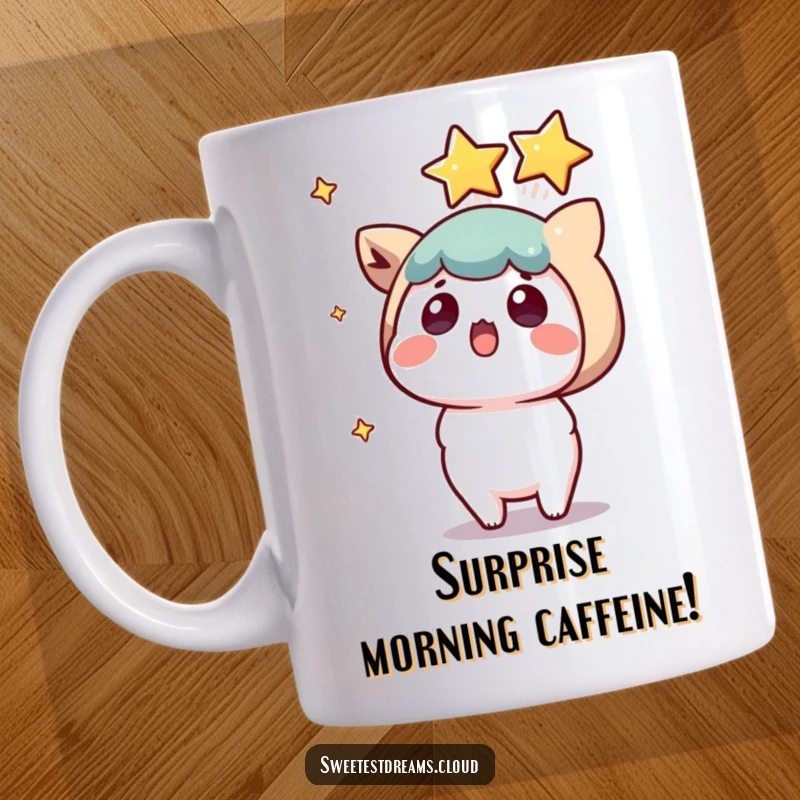 Funny kawaii character mug, surprised expression, a shooting star landing nearby, unexpected and humorous.