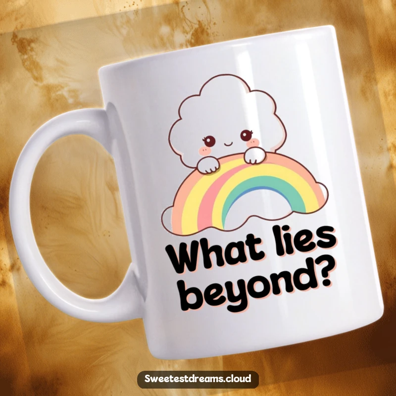 Funny mug featuring a curious cloud character peeking over a vibrant rainbow, looking for adventure and fun.