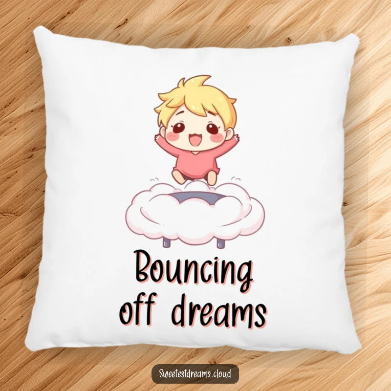 Funny Pillow: Character enjoying a trampoline bounce on a cloud, a soft and funny decorative cushion.