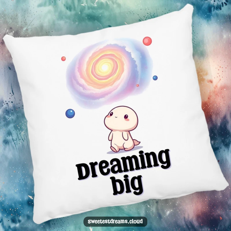 Funny kawaii character resting peacefully while gazing at a swirling nebula. This pillow is a humorous and cozy cosmic gift.