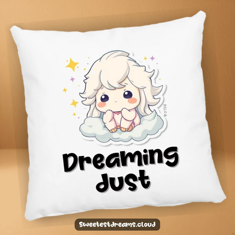 Funny pillow featuring a character dreaming, surrounded by enchanting sparkling dust, adding comfort and charm.
