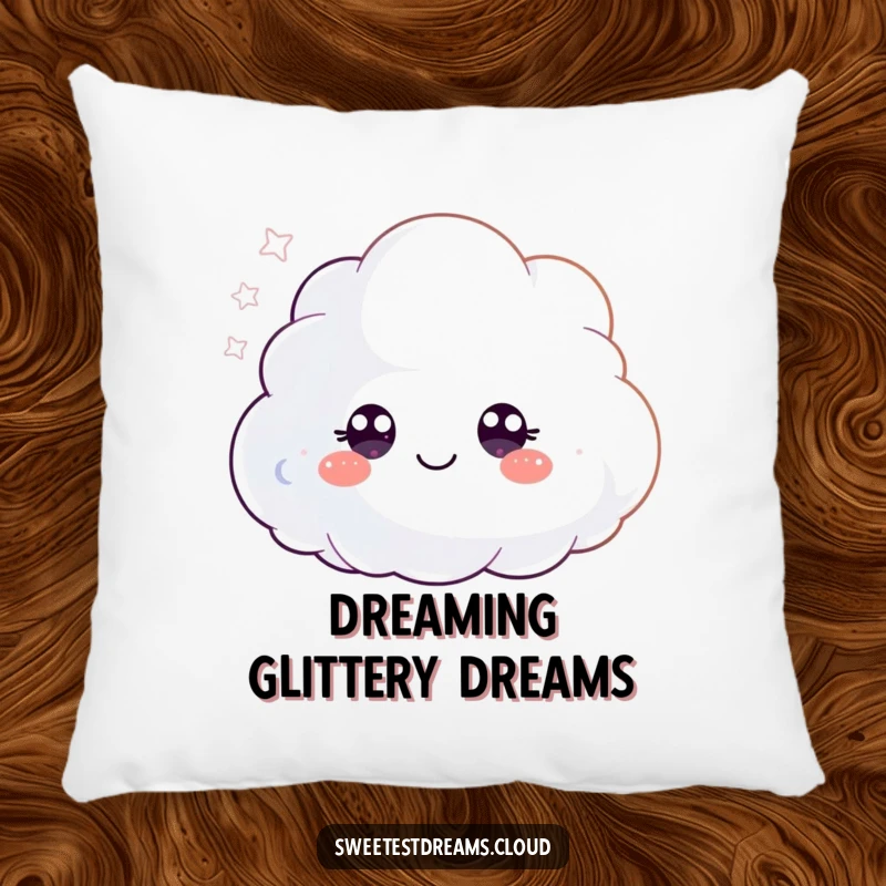 Funny pillow showcasing a small, fluffy cloud character with happy eyes, blowing a swirl of glitter, adding magical comfort.