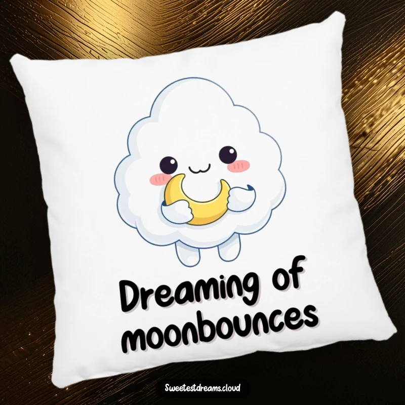 Funny cloud character tenderly holding a crescent moon like a beloved toy, perfect for a cozy and humorous pillow.