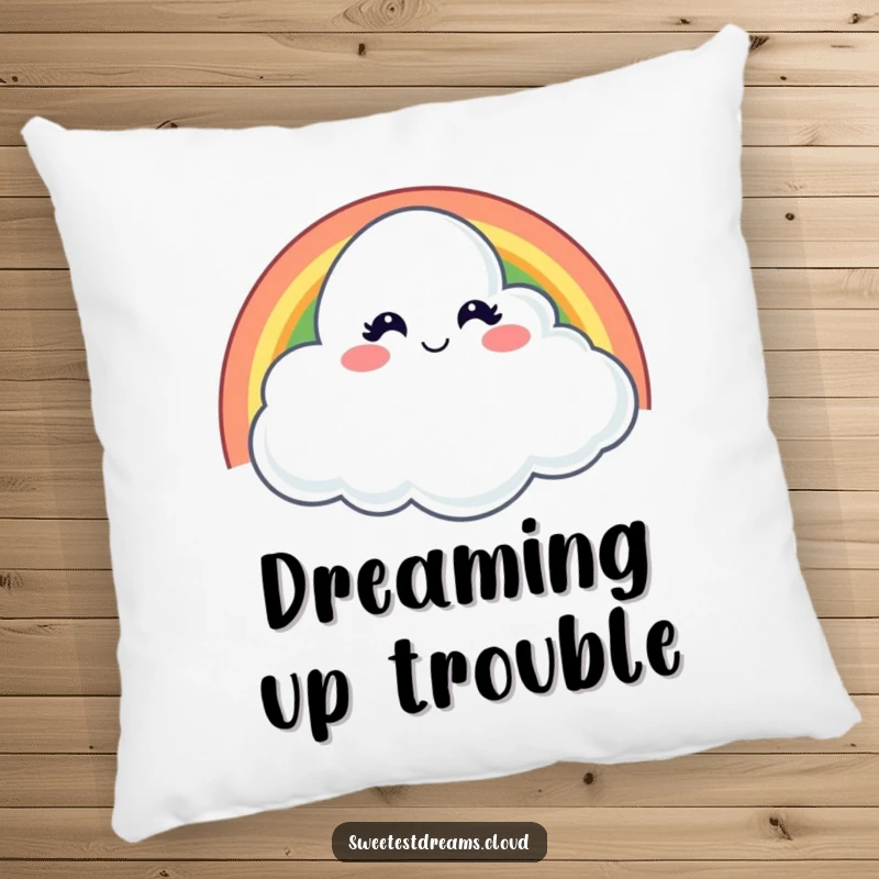 Funny pillow featuring a cloud with a mischievous wink behind a rainbow, offering playful comfort and cheerful humor.