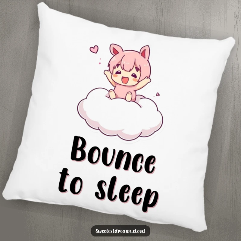 Funny Pillow featuring a character bouncing on a soft, marshmallow-like cloud, perfect for a cozy and humorous touch.