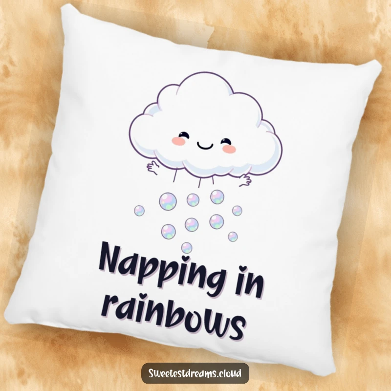 Funny pillow featuring a cloud character joyfully catching iridescent bubbles, perfect for soft comfort.