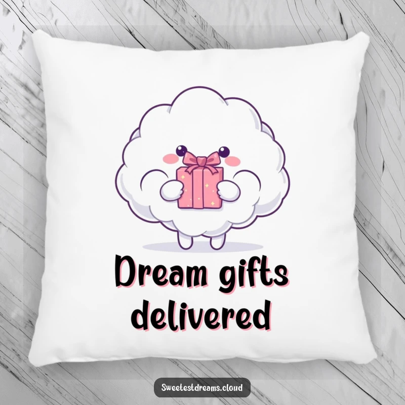 Funny cloud character presenting a sparkling gift box. Soft, humorous pillow.