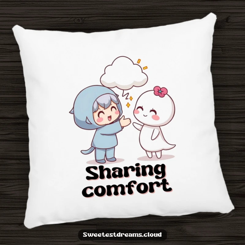 Funny pillow depicting a character offering a cloud with a smile, symbolizing comfort and generosity.