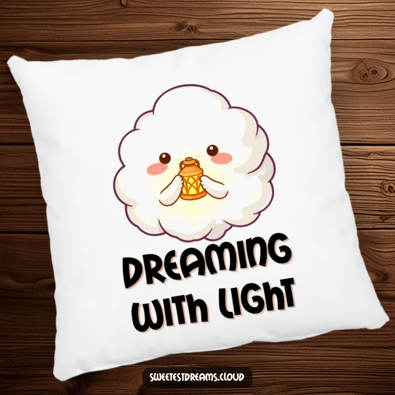 Funny pillow with a cute cloud creature holding a tiny, glowing lantern, perfect for a touch of cozy magic.