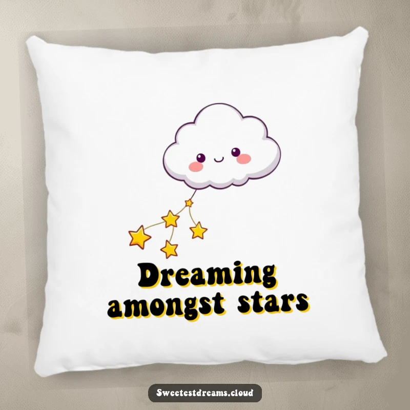 Funny pillow featuring a cloud character being pulled by stars, perfect for cozying up and dreaming of magical adventures.