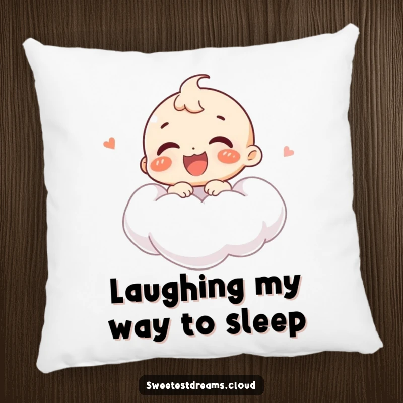 Funny pillow featuring a joyful character giggling while floating on a cloud, providing cozy comfort and radiating pure happiness.