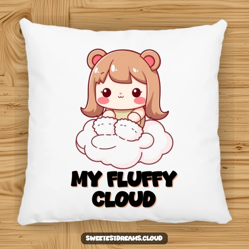 Funny kawaii character pillow, wearing fluffy slippers, tiptoeing on a cloud, soft and humorous home decor.